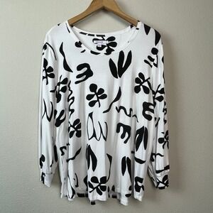 Chico's Abstract Print Top Womens 3 XL White Black Long Sleeve Grandmacore